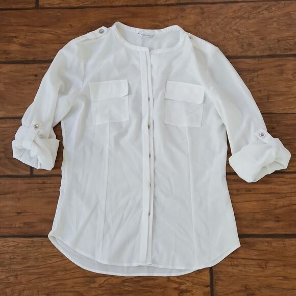 Calvin Klein women's small/petite white button front blouse adjustable sleeves - Picture 1 of 7